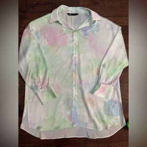 ZARA Tie Dye Pastel Oversized Button Down Blouse Silk Satin Effect